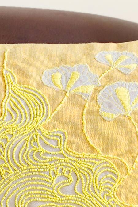Shop_Mid July Home_Yellow Premium Velvet Embroidery, Printed Morning Floral Cushion Cover Set_Online_at_Aza_Fashions