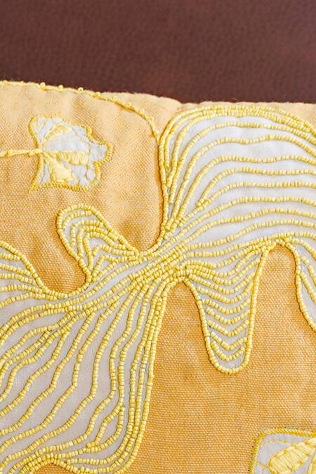 Mid July Home_Yellow Premium Velvet Embroidery, Printed Morning Floral Cushion Cover Set_at_Aza_Fashions