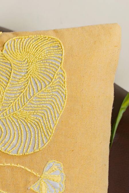 Buy_Mid July Home_Yellow Premium Velvet Embroidery, Printed Morning Floral Cushion Cover Set