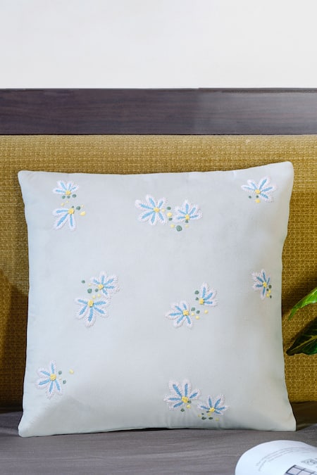 Mid July Home_Off White Premium Velvet Embroidery Whispers Spring Cushion Cover 3 Pcs Set_Online_at_Aza_Fashions