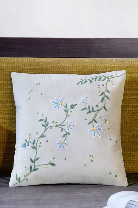 Buy_Mid July Home_Off White Premium Velvet Embroidery Whispers Spring Cushion Cover 3 Pcs Set_Online_at_Aza_Fashions