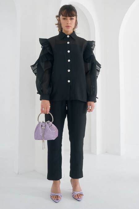 Buy_Pleats By Aruni_Black Chanderi, Cotton Matie Pant_Online_at_Aza_Fashions