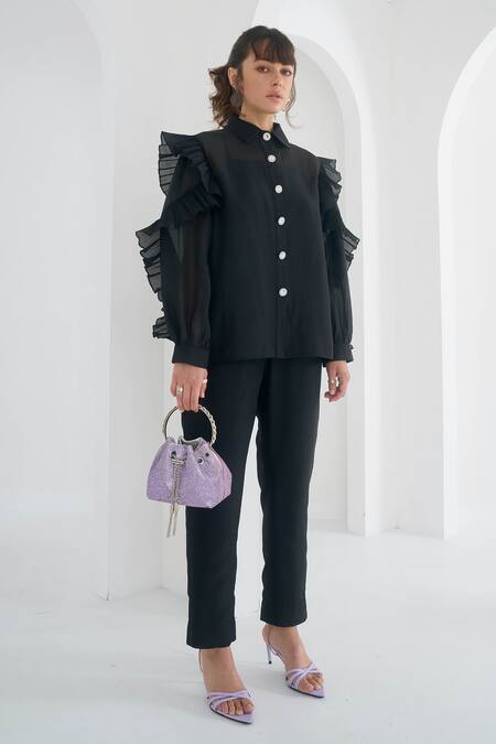 Shop_Pleats By Aruni_Black Chanderi, Cotton Matie Pant_Online_at_Aza_Fashions