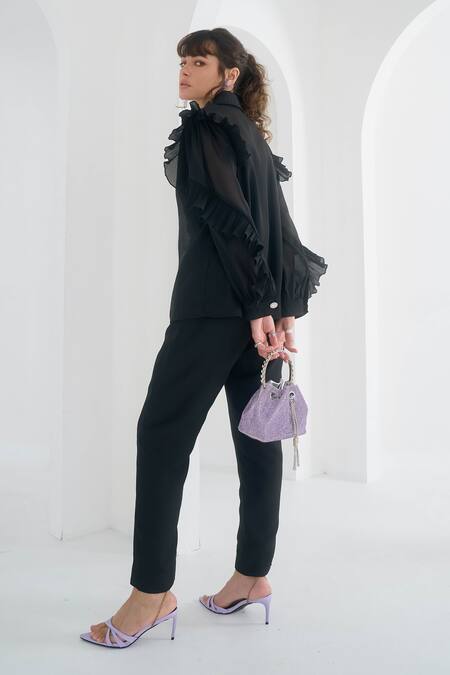 Pleats By Aruni_Black Chanderi, Cotton Matie Pant_at_Aza_Fashions