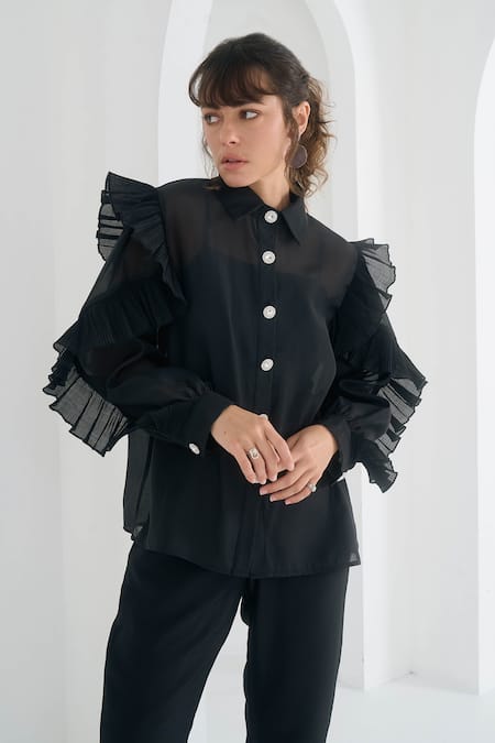 Pleats by Aruni Matie Chanderi Ruffle Sleeve Shirt 