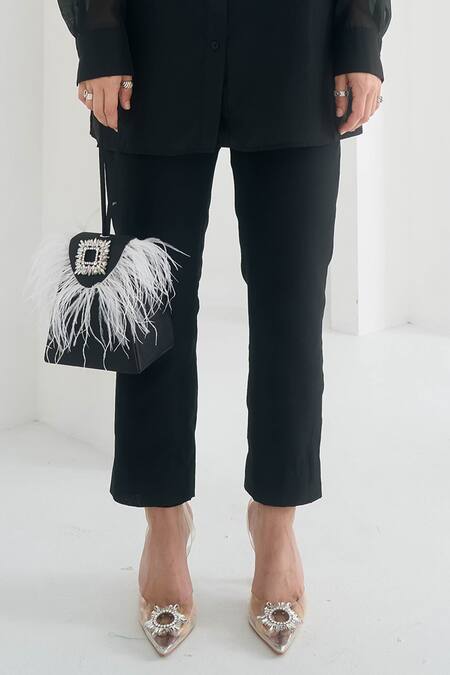 Pleats By Aruni_Black Chanderi, Cotton Yasmin Solid Pant_Online_at_Aza_Fashions