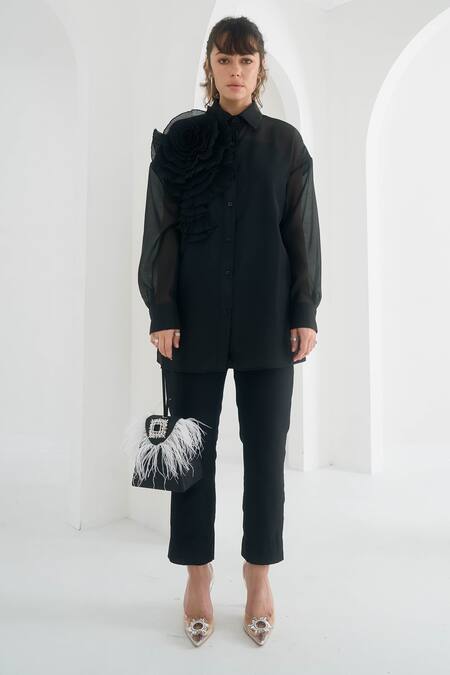 Buy_Pleats By Aruni_Black Chanderi, Cotton Yasmin Solid Pant_Online_at_Aza_Fashions