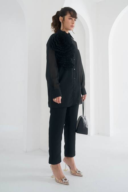 Shop_Pleats By Aruni_Black Chanderi, Cotton Yasmin Solid Pant_Online_at_Aza_Fashions