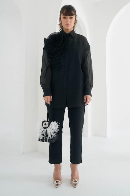 Pleats By Aruni Black Organza Embroidery Collared Yasmin Chanderi 3d Floral Shirt 