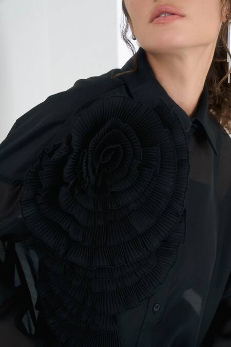 Pleats By Aruni_Black Organza Embroidery Collared Yasmin Chanderi 3d Floral Shirt_Online_at_Aza_Fashions
