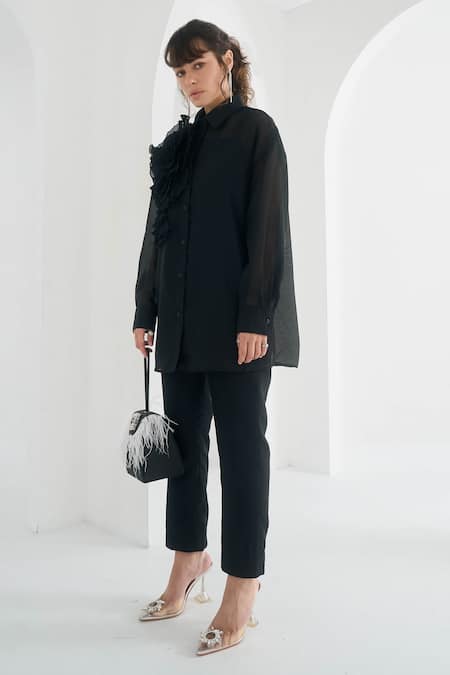 Buy_Pleats By Aruni_Black Organza Embroidery Collared Yasmin Chanderi 3d Floral Shirt_Online_at_Aza_Fashions