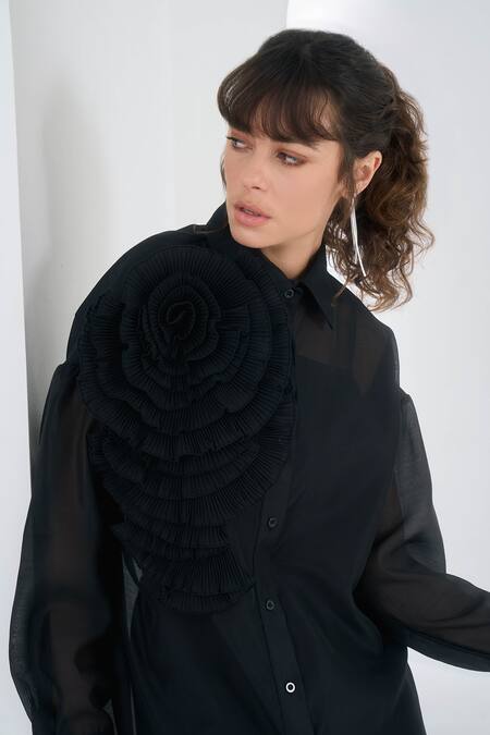 Pleats By Aruni_Black Organza Embroidery Collared Yasmin Chanderi 3d Floral Shirt_at_Aza_Fashions