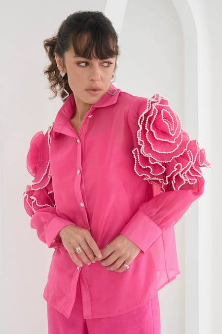 Pleats by Aruni Fuchsia Organza Embellished Pearl Spread Lynna Chanderi Sleeve Shirt 