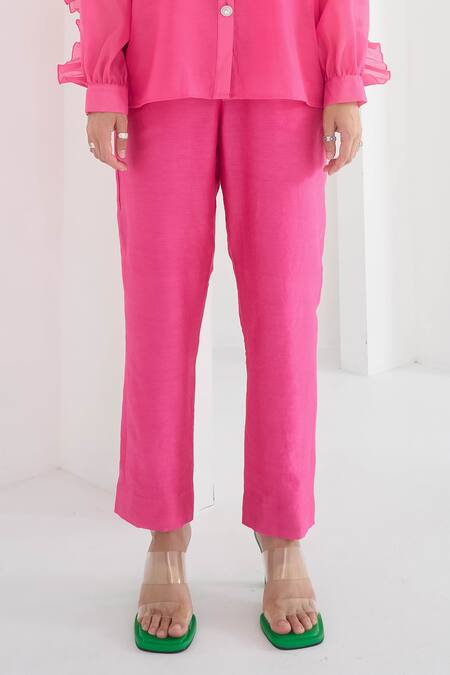 Pleats By Aruni_Fuchsia Chanderi, Cotton Matie Plain Pant_Online_at_Aza_Fashions