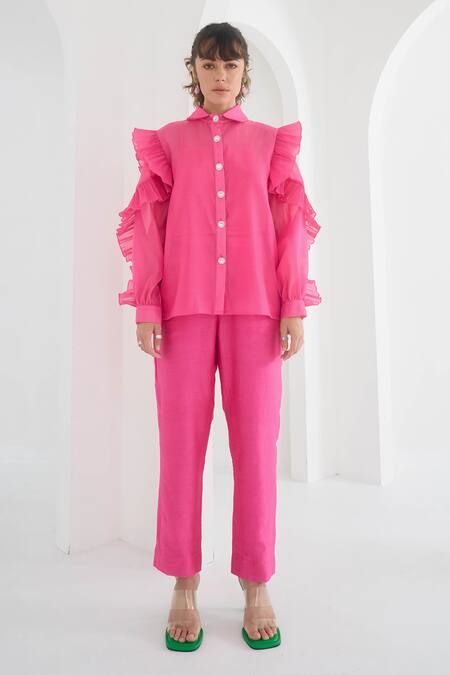 Buy_Pleats By Aruni_Fuchsia Chanderi, Cotton Matie Plain Pant_Online_at_Aza_Fashions