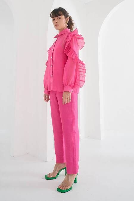 Shop_Pleats By Aruni_Fuchsia Chanderi, Cotton Matie Plain Pant_Online_at_Aza_Fashions