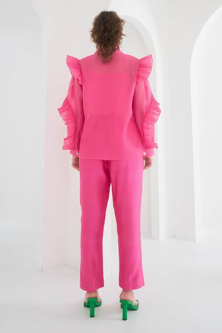 Shop Pleats By Aruni Fuchsia Organza Ruffles Collared Chanderi Matie Sleeve Shirt at Aza Fashions Shop_Pleats By Aruni_Fuchsia Organza Ruffles Collared Chanderi Matie Sleeve Shirt_at_Aza_Fashions