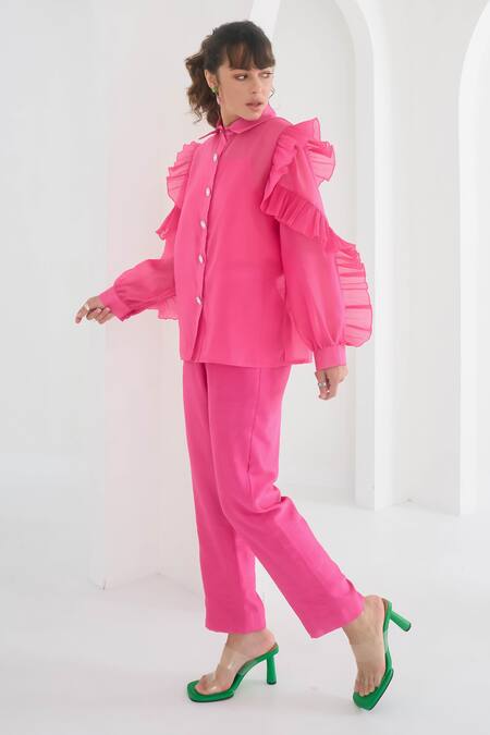 Pleats By Aruni Fuchsia Organza Ruffles Collared Chanderi Matie Sleeve Shirt Online at Aza Fashions Pleats By Aruni_Fuchsia Organza Ruffles Collared Chanderi Matie Sleeve Shirt_Online_at_Aza_Fashions