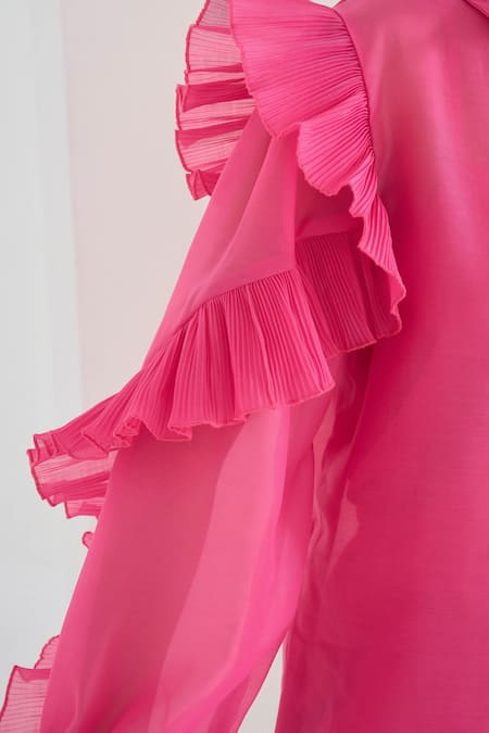 Buy Pleats By Aruni Fuchsia Organza Ruffles Collared Chanderi Matie Sleeve Shirt Online at Aza Fashions Buy_Pleats By Aruni_Fuchsia Organza Ruffles Collared Chanderi Matie Sleeve Shirt_Online_at_Aza_Fashions