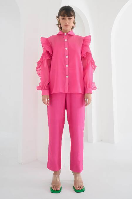 Shop Pleats By Aruni Fuchsia Organza Ruffles Collared Chanderi Matie Sleeve Shirt Online at Aza Fashions Shop_Pleats By Aruni_Fuchsia Organza Ruffles Collared Chanderi Matie Sleeve Shirt_Online_at_Aza_Fashions