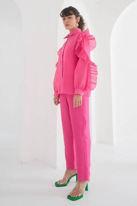 Pleats By Aruni Fuchsia Organza Ruffles Collared Chanderi Matie Sleeve Shirt at Aza Fashions Pleats By Aruni_Fuchsia Organza Ruffles Collared Chanderi Matie Sleeve Shirt_at_Aza_Fashions