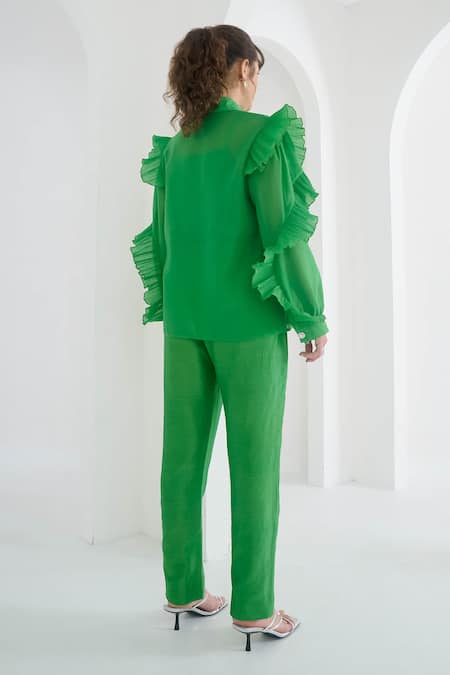 Shop_Pleats By Aruni_Green Chanderi Plain Matie Solid Pant _at_Aza_Fashions