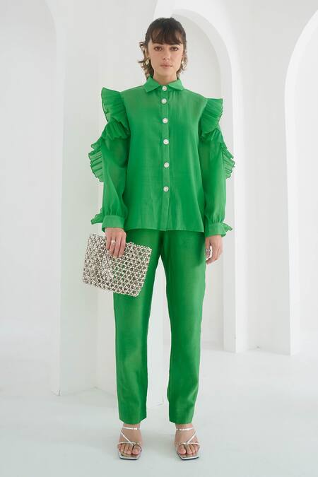 Pleats By Aruni_Green Chanderi Plain Matie Solid Pant _Online_at_Aza_Fashions