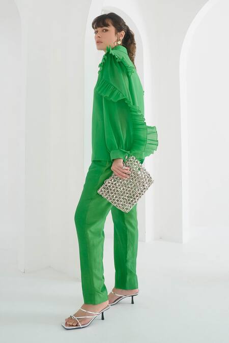 Shop_Pleats By Aruni_Green Chanderi Plain Matie Solid Pant _Online_at_Aza_Fashions