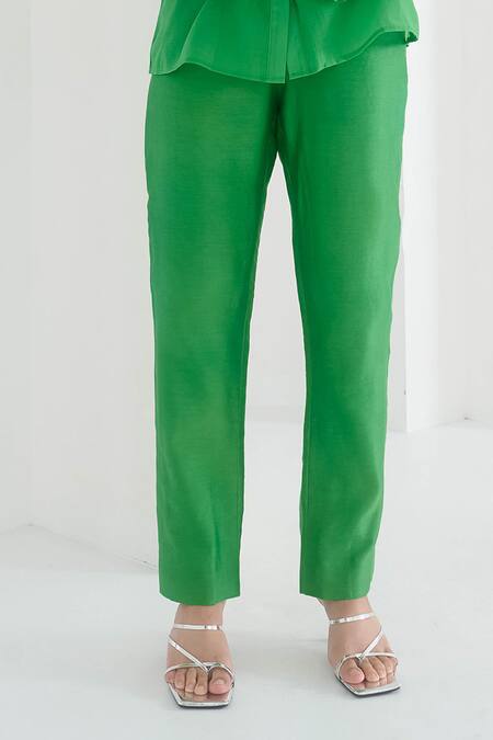 Pleats By Aruni_Green Chanderi Plain Matie Solid Pant _at_Aza_Fashions
