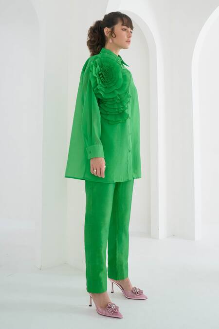 Pleats By Aruni Green Chanderi, Cotton Yasmin Plain Pant Online at Aza Fashions Pleats By Aruni_Green Chanderi, Cotton Yasmin Plain Pant_Online_at_Aza_Fashions