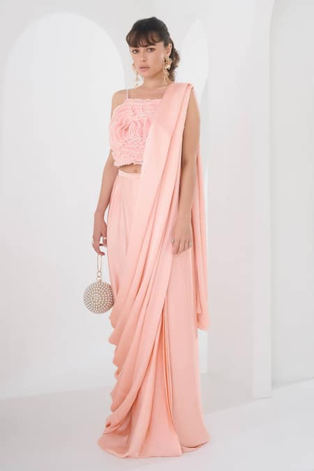 Pleats by Aruni Pink Crepe Satin Plain Pre-draped Skirt Saree 