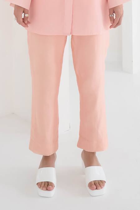 Shop Pleats By Aruni Pink Chanderi, Cotton Yasmin Straight Pant Online at Aza Fashions Shop_Pleats By Aruni_Pink Chanderi, Cotton Yasmin Straight Pant_Online_at_Aza_Fashions
