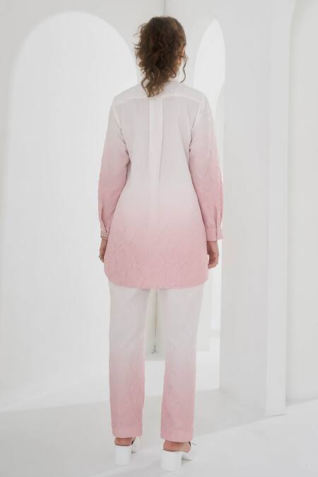Shop Pleats By Aruni Pink Crepe Collared Ombre Shirt And Pant Set at Aza Fashions Shop_Pleats By Aruni_Pink Crepe Collared Ombre Shirt And Pant Set_at_Aza_Fashions