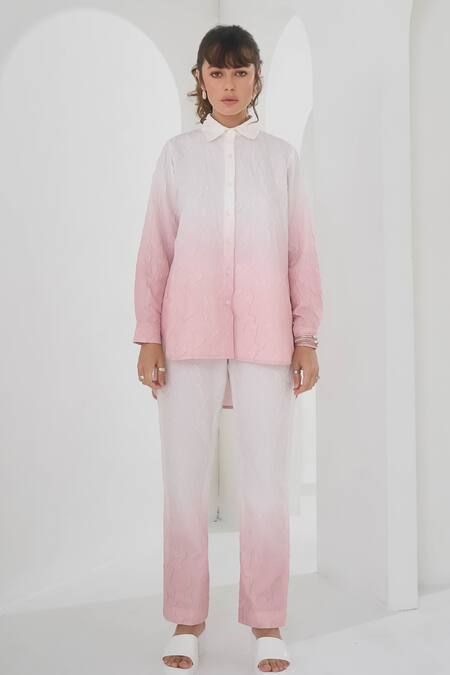 Pleats By Aruni Pink Crepe Collared Ombre Shirt And Pant Set Online at Aza Fashions Pleats By Aruni_Pink Crepe Collared Ombre Shirt And Pant Set_Online_at_Aza_Fashions