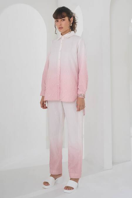 Shop Pleats By Aruni Pink Crepe Collared Ombre Shirt And Pant Set Online at Aza Fashions Shop_Pleats By Aruni_Pink Crepe Collared Ombre Shirt And Pant Set_Online_at_Aza_Fashions