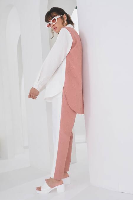 Pleats By Aruni_Pink Crepe Collared Colorblock Full Sleeve Shirt And Pant Set_Online_at_Aza_Fashions