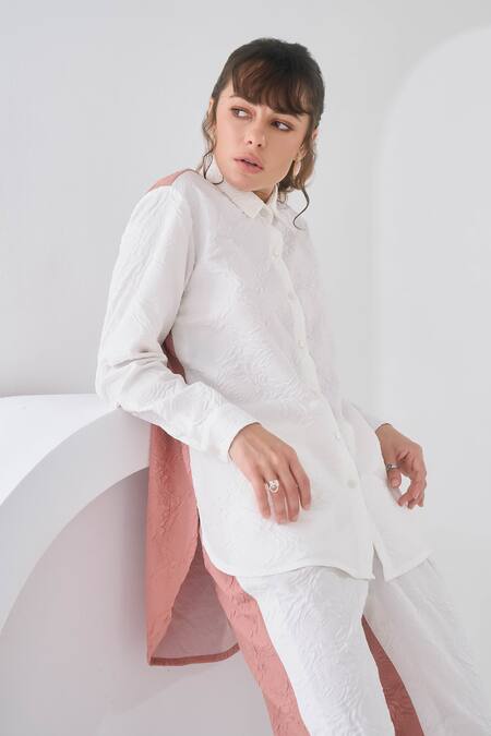 Buy_Pleats By Aruni_Pink Crepe Collared Colorblock Full Sleeve Shirt And Pant Set_Online_at_Aza_Fashions