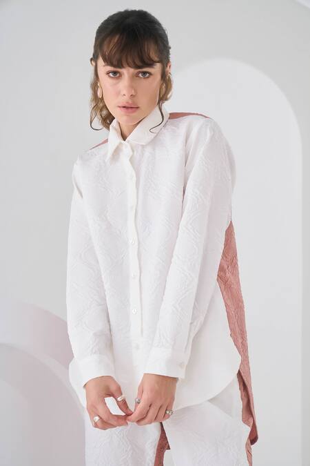 Shop_Pleats By Aruni_Pink Crepe Collared Colorblock Full Sleeve Shirt And Pant Set_Online_at_Aza_Fashions