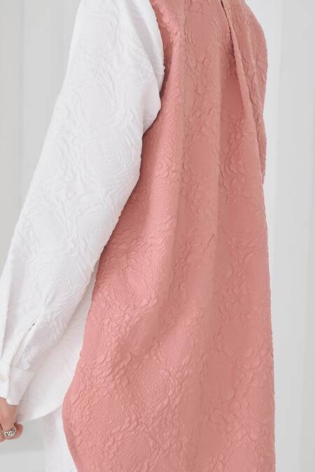 Pleats By Aruni_Pink Crepe Collared Colorblock Full Sleeve Shirt And Pant Set_at_Aza_Fashions