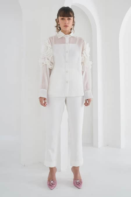 Pleats by Aruni White Organza Embellished Pearl Spread Collar Lynna Work Shirt 