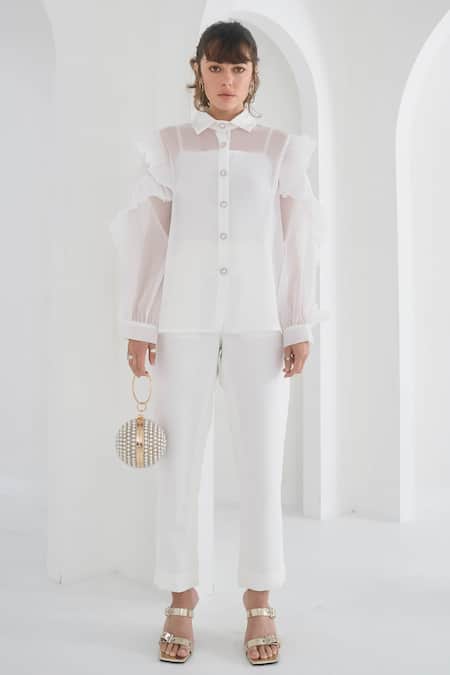 Pleats By Aruni_White Chanderi Plain Matie Solid Pant _Online_at_Aza_Fashions