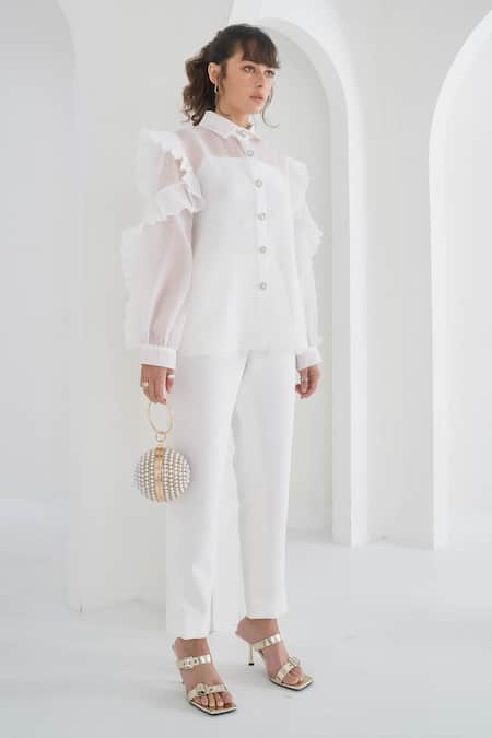 Buy_Pleats By Aruni_White Chanderi Plain Matie Solid Pant _Online_at_Aza_Fashions