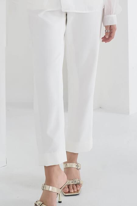 Pleats By Aruni_White Chanderi Plain Matie Solid Pant _at_Aza_Fashions