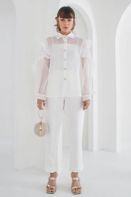 Buy Pleats By Aruni White Organza Ruffles Collared Matie Pleated Shirt Online at Aza Fashions Buy_Pleats By Aruni_White Organza Ruffles Collared Matie Pleated Shirt_Online_at_Aza_Fashions