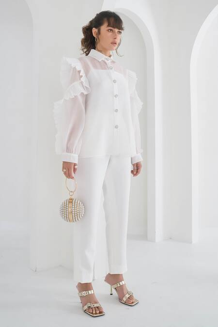 Shop Pleats By Aruni White Organza Ruffles Collared Matie Pleated Shirt Online at Aza Fashions Shop_Pleats By Aruni_White Organza Ruffles Collared Matie Pleated Shirt_Online_at_Aza_Fashions