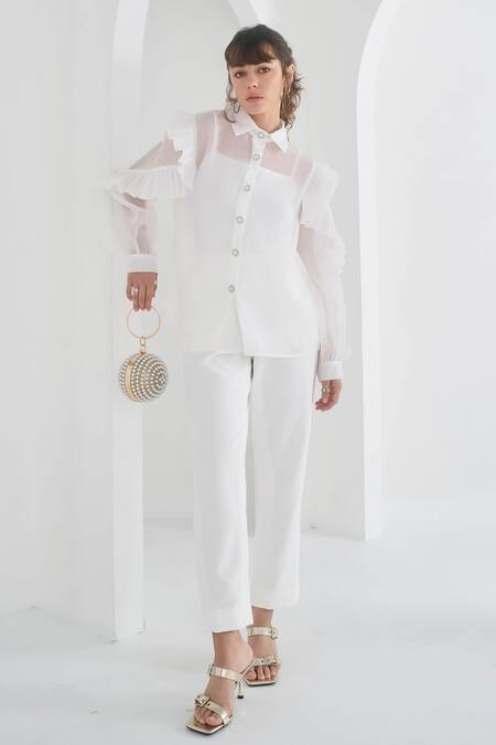 Pleats By Aruni White Organza Ruffles Collared Matie Pleated Shirt at Aza Fashions Pleats By Aruni_White Organza Ruffles Collared Matie Pleated Shirt_at_Aza_Fashions