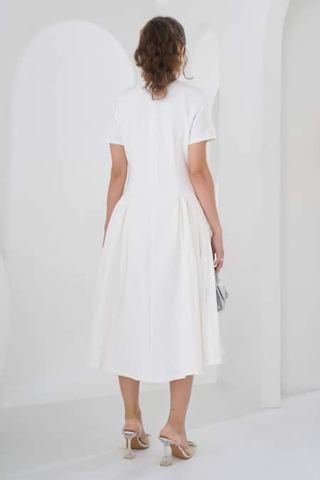 Shop Pleats By Aruni White Crepe Asymmetric Monroe Pleated Dress at Aza Fashions Shop_Pleats By Aruni_White Crepe Asymmetric Monroe Pleated Dress_at_Aza_Fashions
