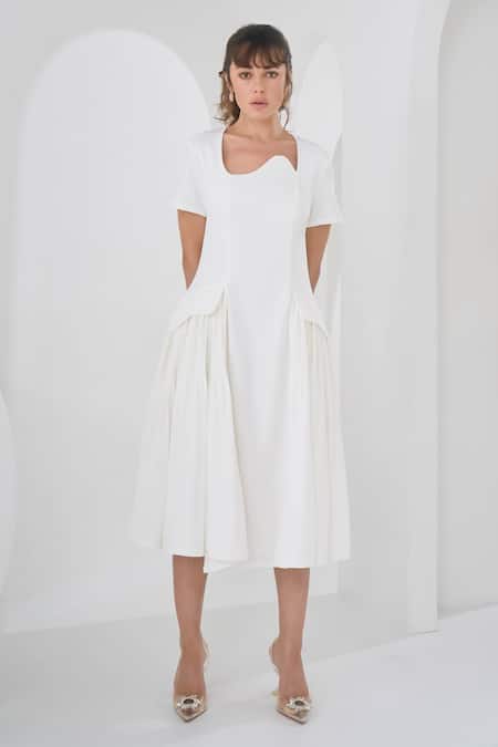 Buy Pleats By Aruni White Crepe Asymmetric Monroe Pleated Dress Online at Aza Fashions Buy_Pleats By Aruni_White Crepe Asymmetric Monroe Pleated Dress_Online_at_Aza_Fashions