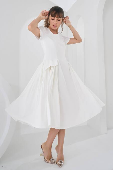 Shop Pleats By Aruni White Crepe Asymmetric Monroe Pleated Dress Online at Aza Fashions Shop_Pleats By Aruni_White Crepe Asymmetric Monroe Pleated Dress_Online_at_Aza_Fashions