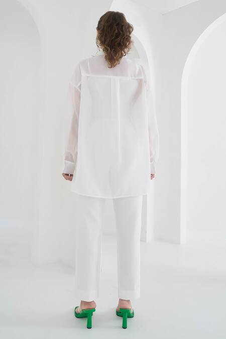 Shop Pleats By Aruni White Chanderi, Cotton Embroidery Collared Yasmin Floral Shirt at Aza Fashions Shop_Pleats By Aruni_White Chanderi, Cotton Embroidery Collared Yasmin Floral Shirt_at_Aza_Fashions